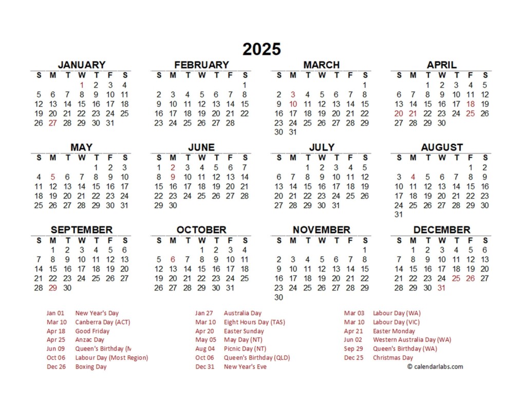 2025 Year At A Glance Calendar With Australia Holidays Free Printable 