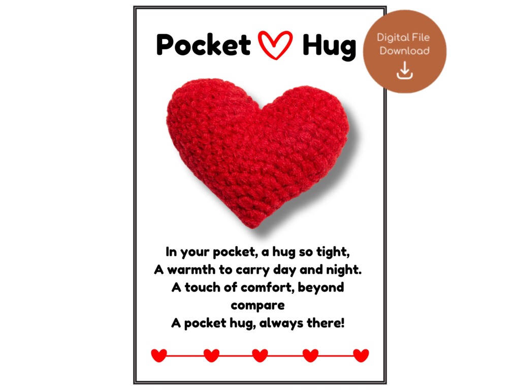3 X Pocket Hug Poem PRINTABLE Valentines Gift PDF File Crochet Pocket 