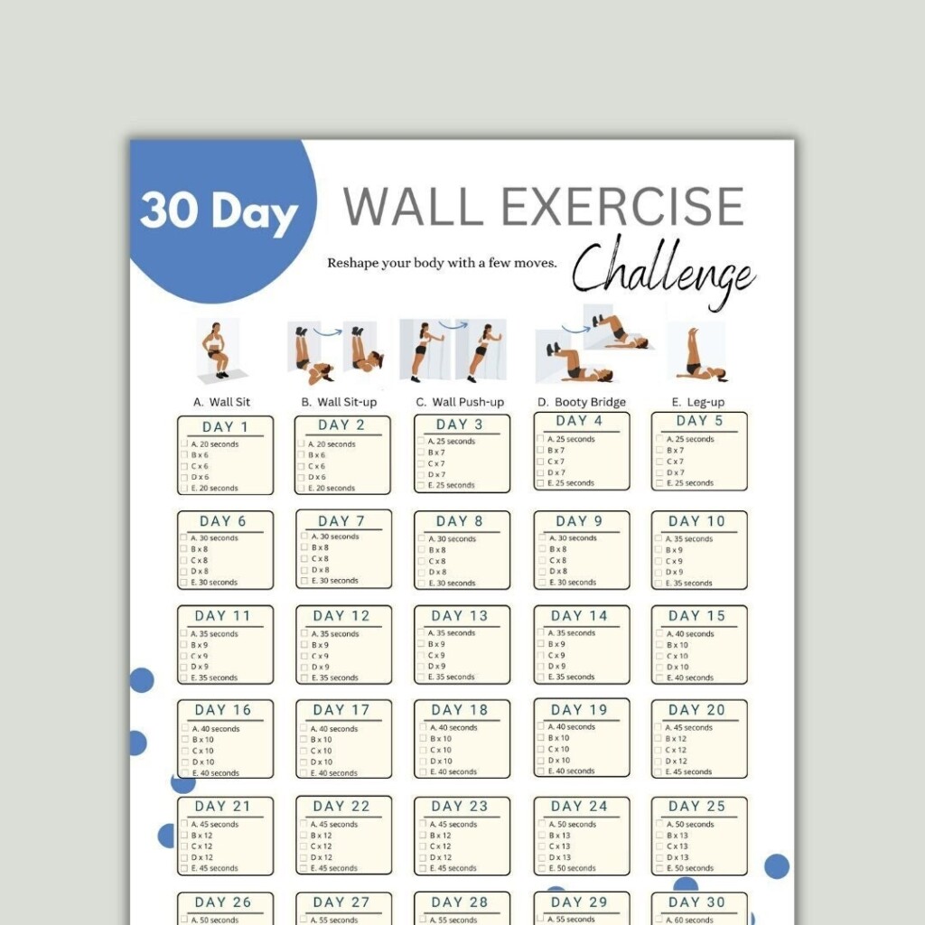 30 Day Wall Exercise Challenge Printable Wall Fitness Quick Workout 