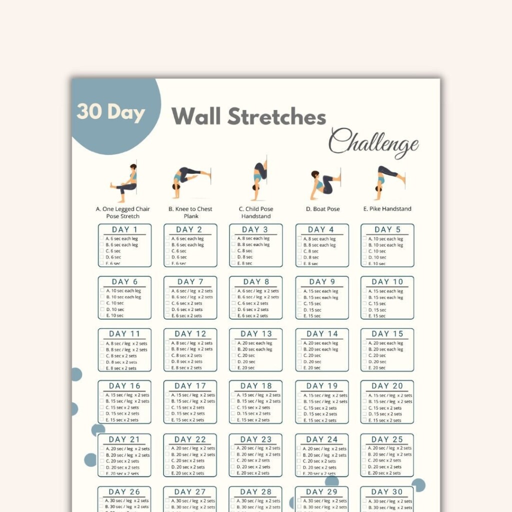30 Day Wall Pilates Challenge Printable Wall Stretch Fitness Quick 