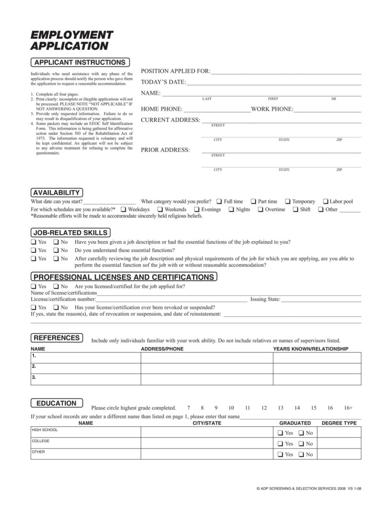 50 Free Employment Job Application Form Templates Printable 