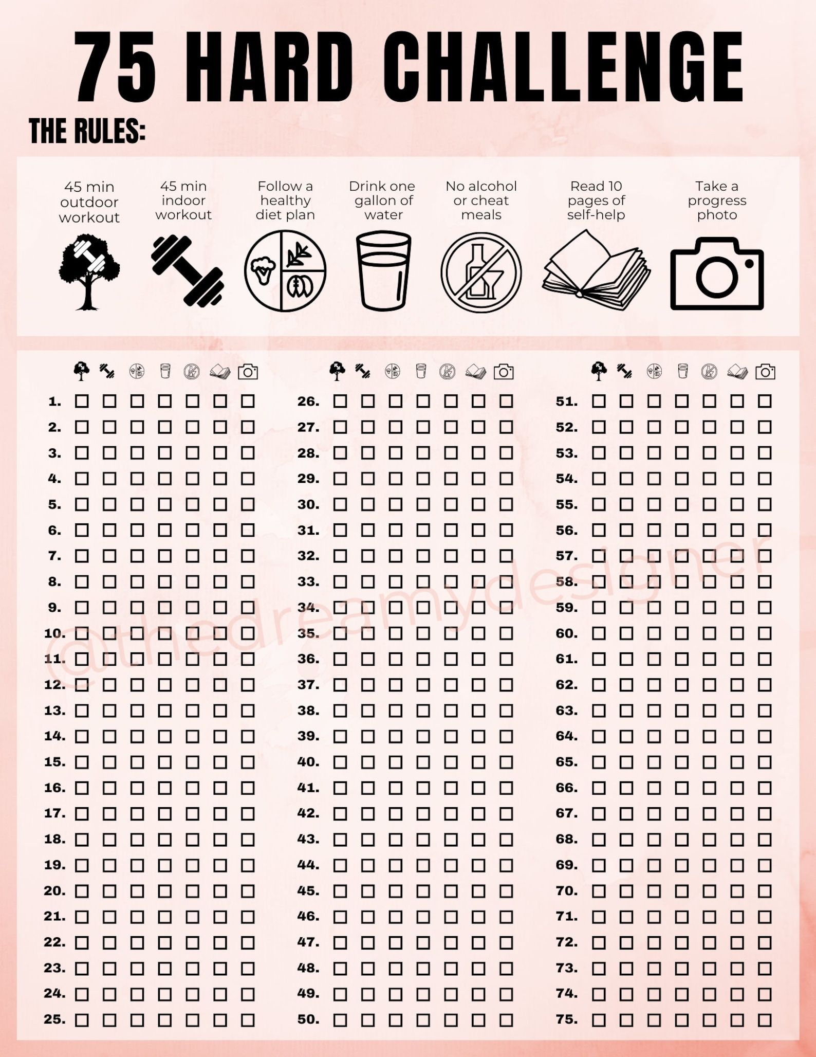 75 Hard Challenge Printable PDF 75 Hard Tracker 75 Hard Checklist 7
