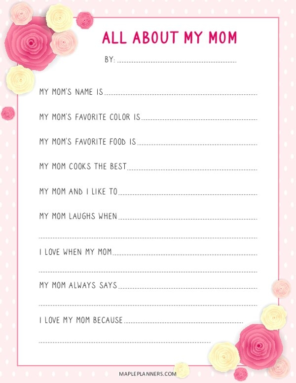 All About My Mom Printable For Mothers Day