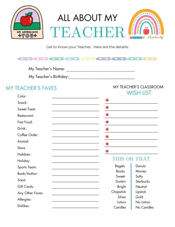All About My Teacher Printable Teacher Favorite Things Teacher 