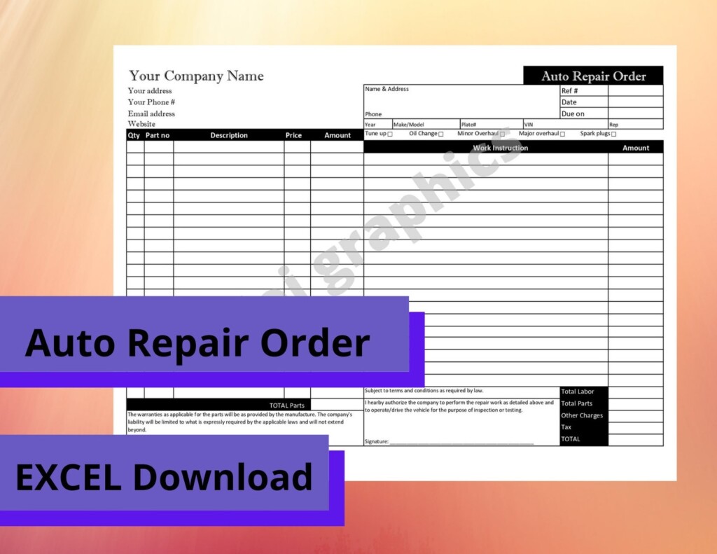 Auto Repair Order Template Printable Editable Instant Etsy