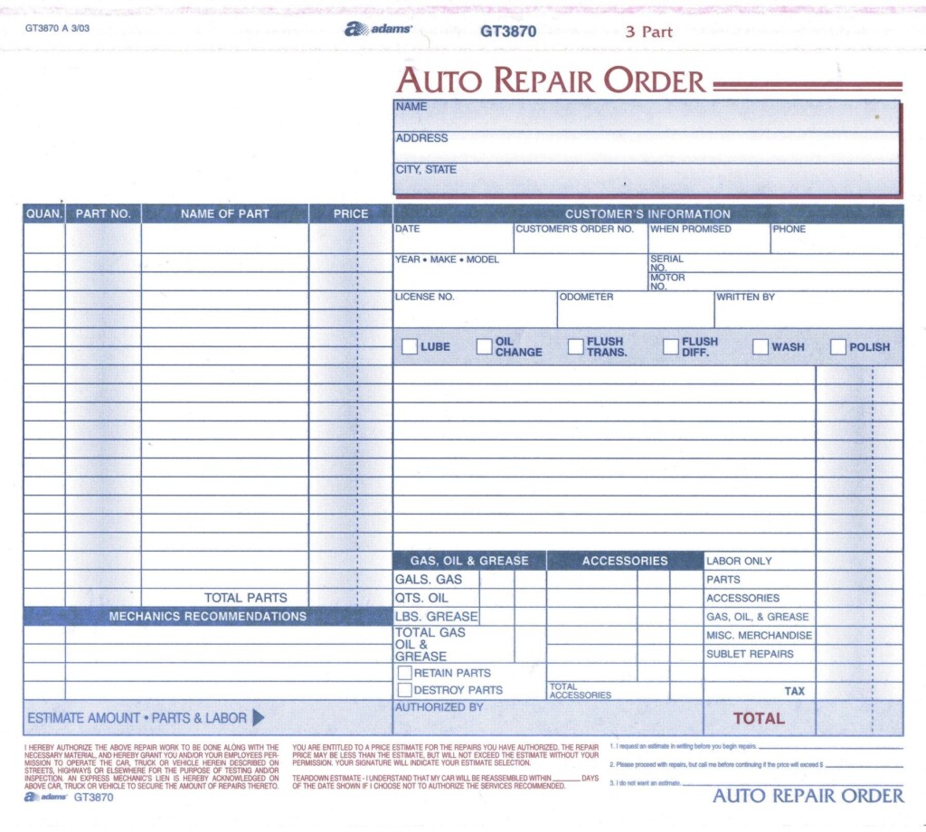Automotive Repair Order Template