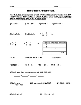 Basic Math Skills Assessment By Teacher Paraphernalia TpT