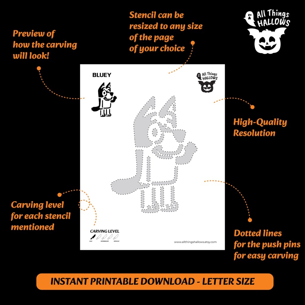 BLUEY Pumpkin Carving Stencil Template Halloween Jack O Lantern Pattern 