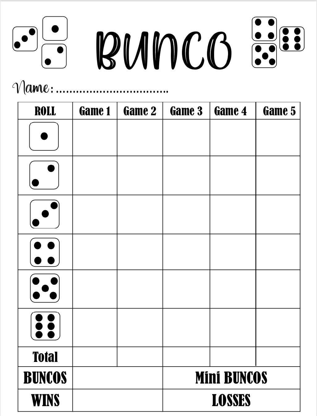 Bunco Score Sheet Free Printable
