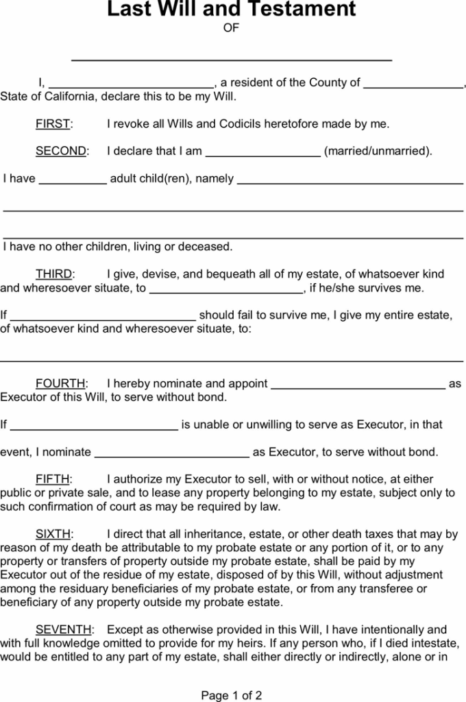 California Last Will And Testament Form 2 Last Will And Testament 