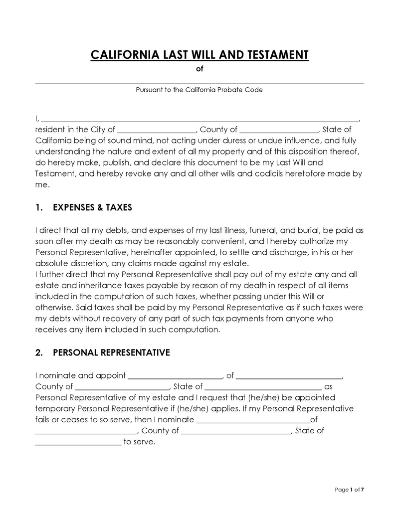 California Last Will And Testament Free Template Editable