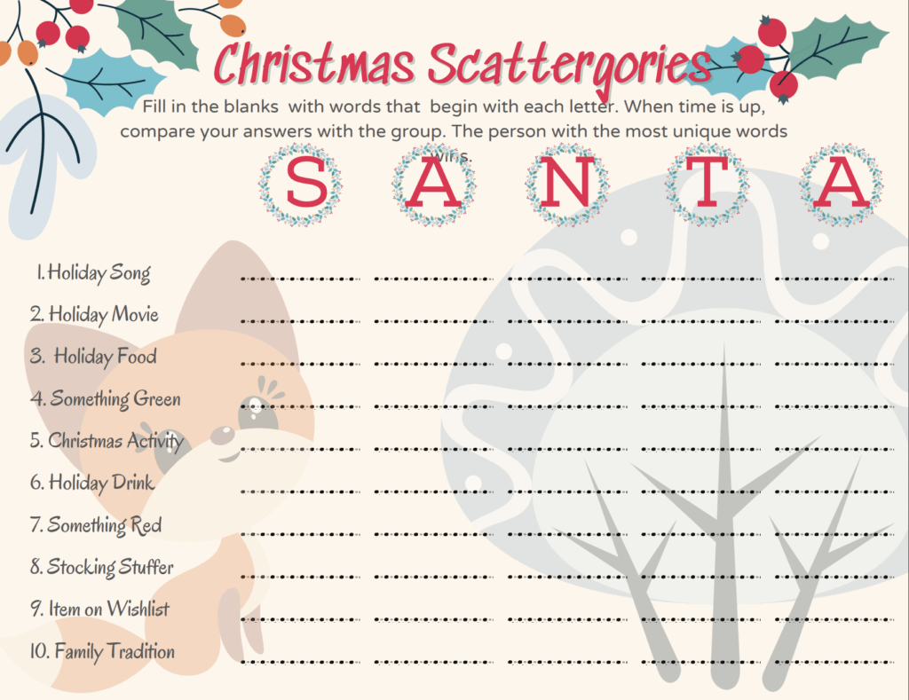 Christmas Scattergories Family Game Free Printable