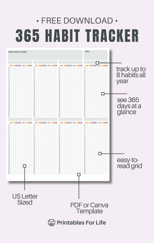 Free 365 Day Habit Tracker PDF Printable Yearly Tracker Printables 