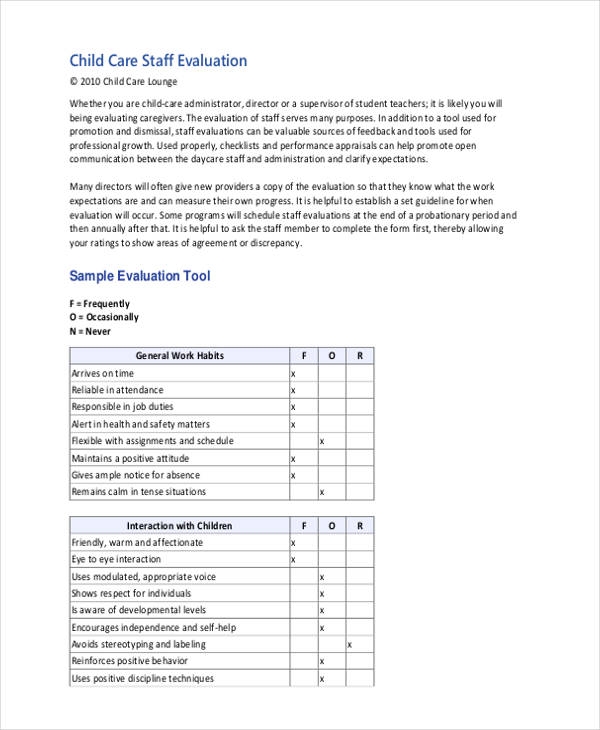 FREE 7 Sample Child Care Evaluation Forms In MS Word PDF