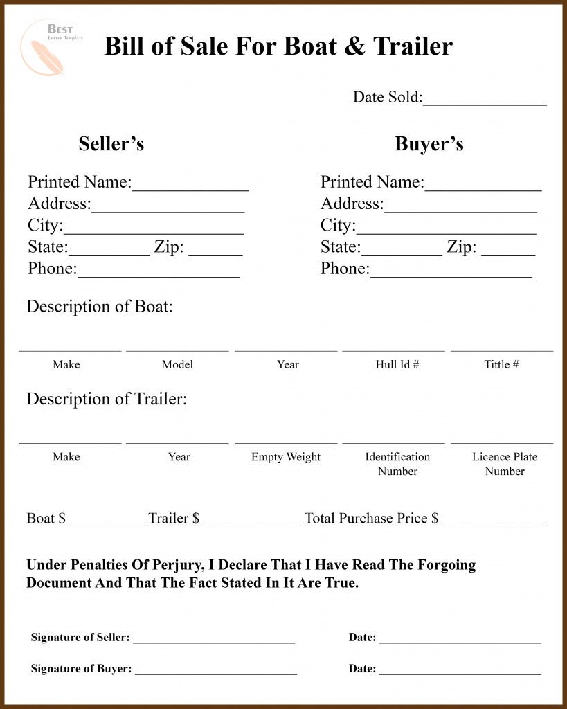Free Bill Of Sale For Boat And Trailer Template