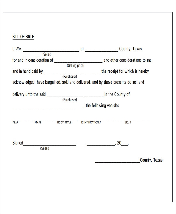 Free Bill Of Sale Texas Template Printable Templates