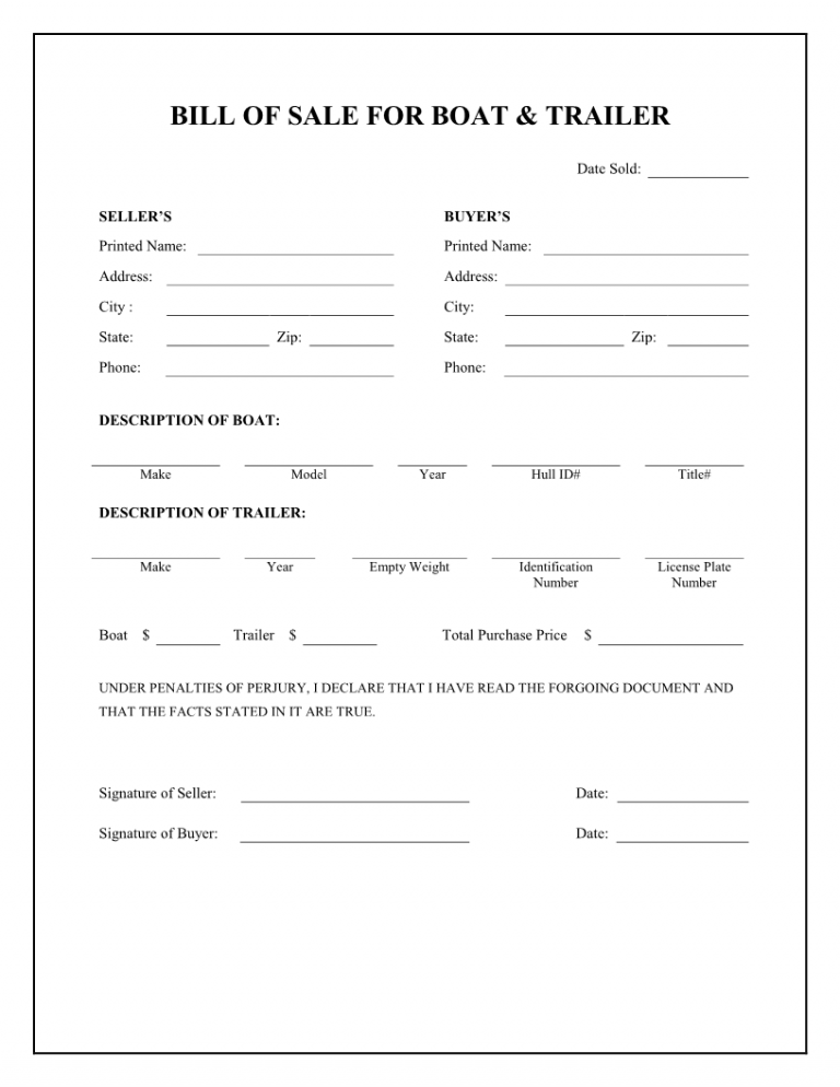 Free Boat Trailer Bill Of Sale Form Download PDF Word