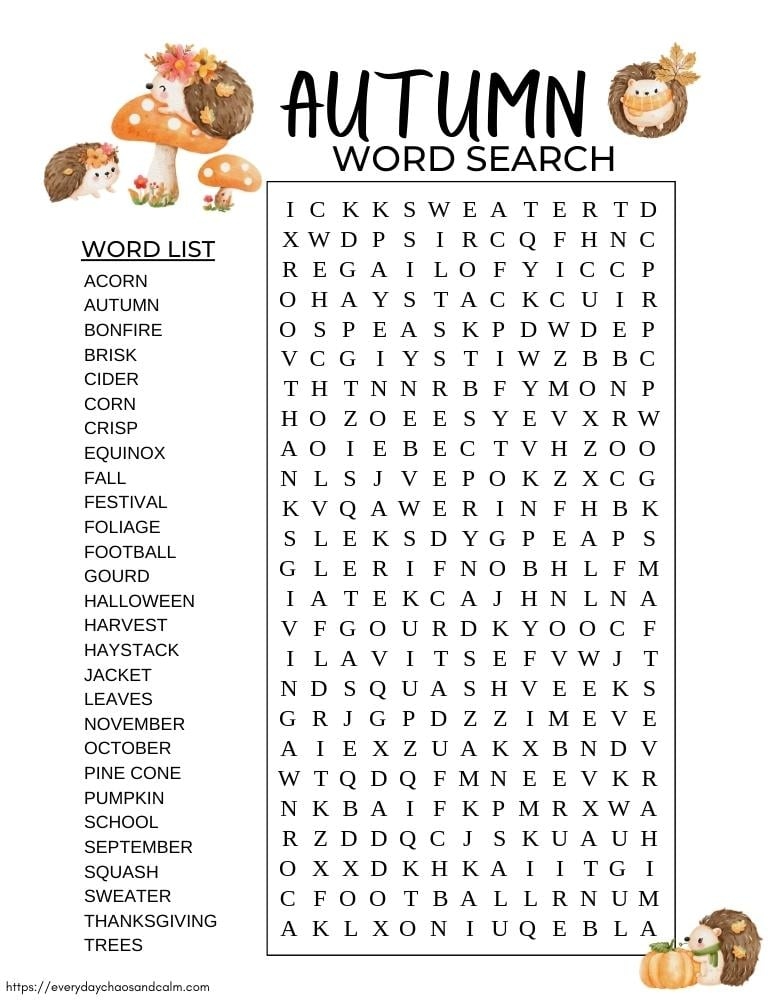 Free Fall Word Search Printable
