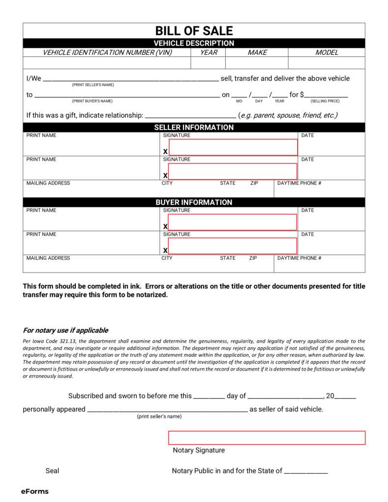 Free Iowa Motor Vehicle Bill Of Sale Form PDF EForms