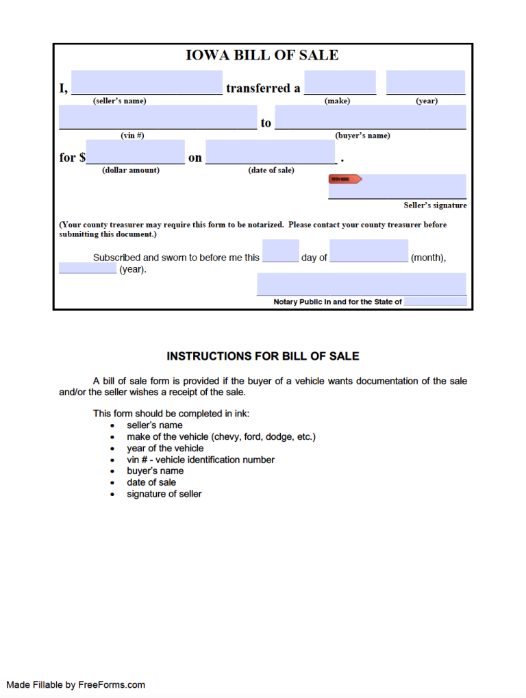 Free Iowa Motor Vehicle DMV Bill Of Sale Form PDF
