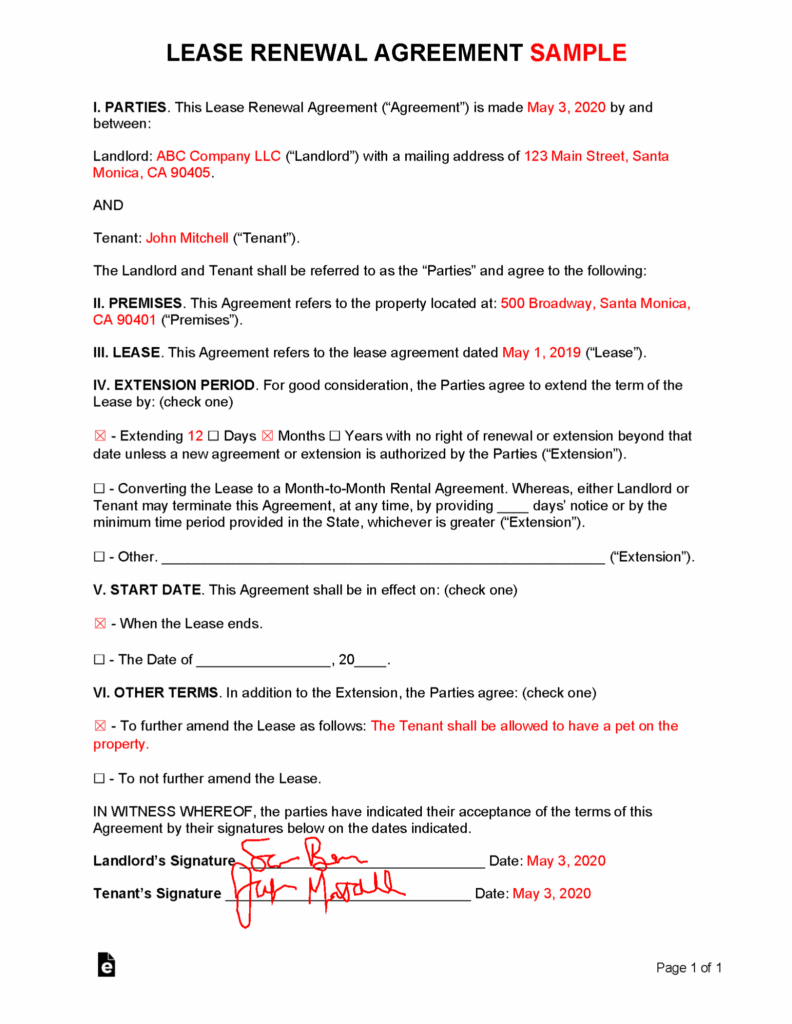 Free Lease Renewal Extension Agreement PDF Word EForms