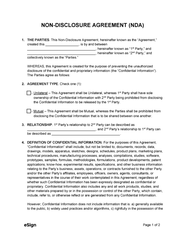 Free Non Disclosure Agreement NDA Template PDF Word