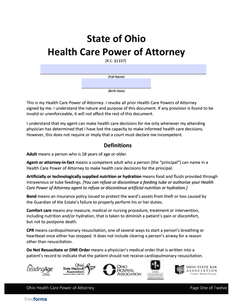 Free Ohio Medical Power Of Attorney Form PDF