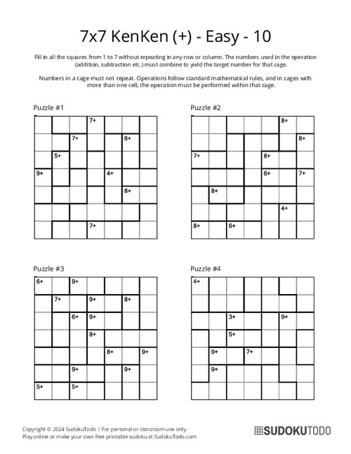 Free Printable 7x7 Easy KenKen Puzzles