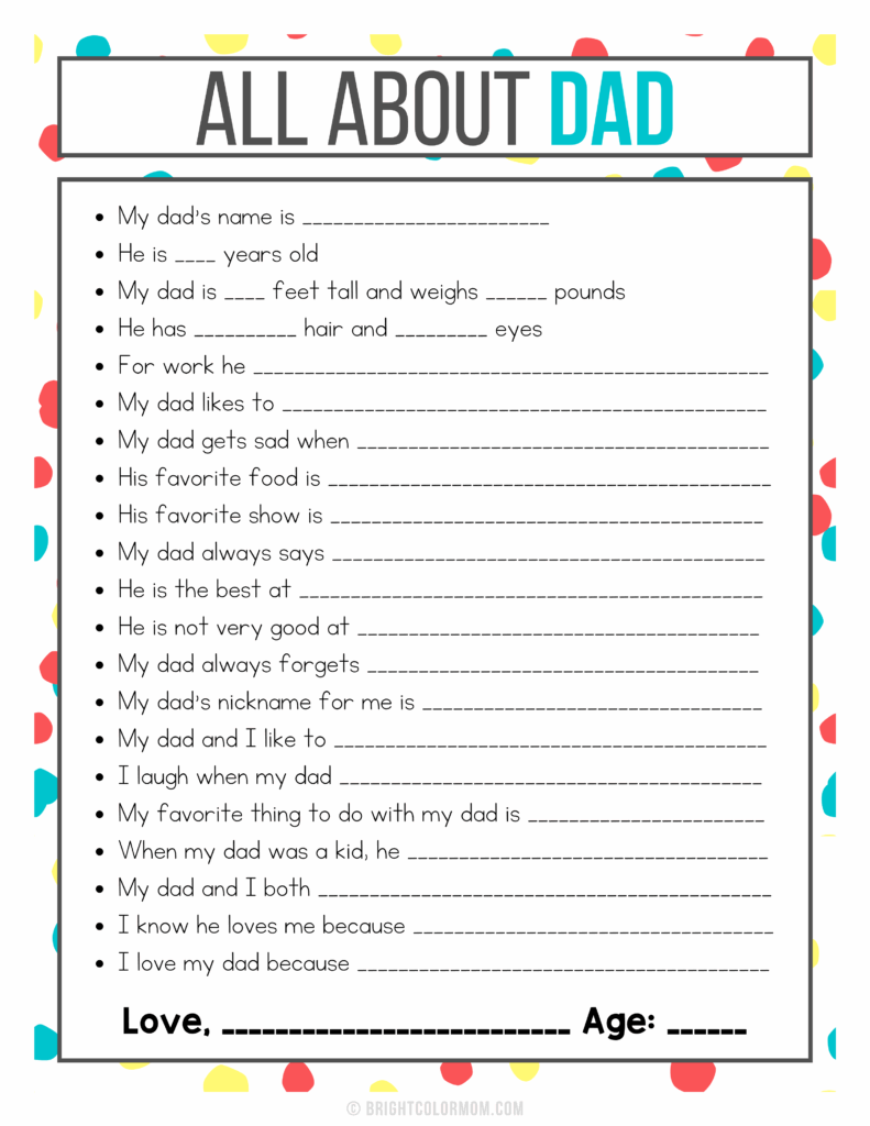 Free Printable All About Dad Questionnaire