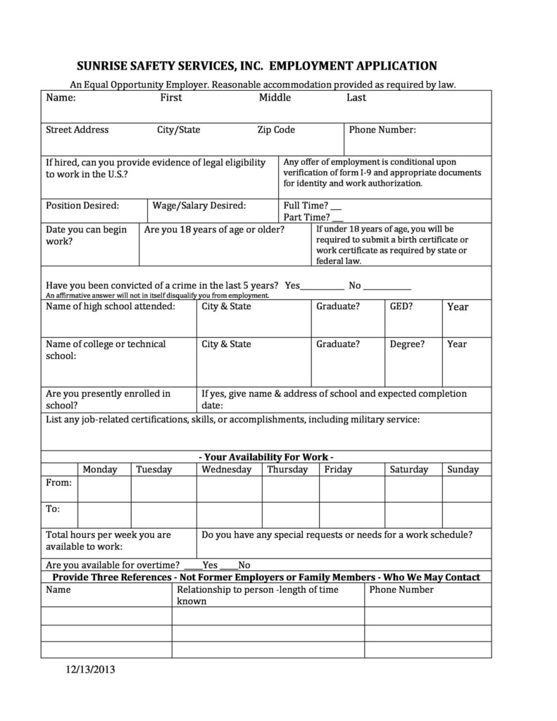 Free Printable Application For Employment Template