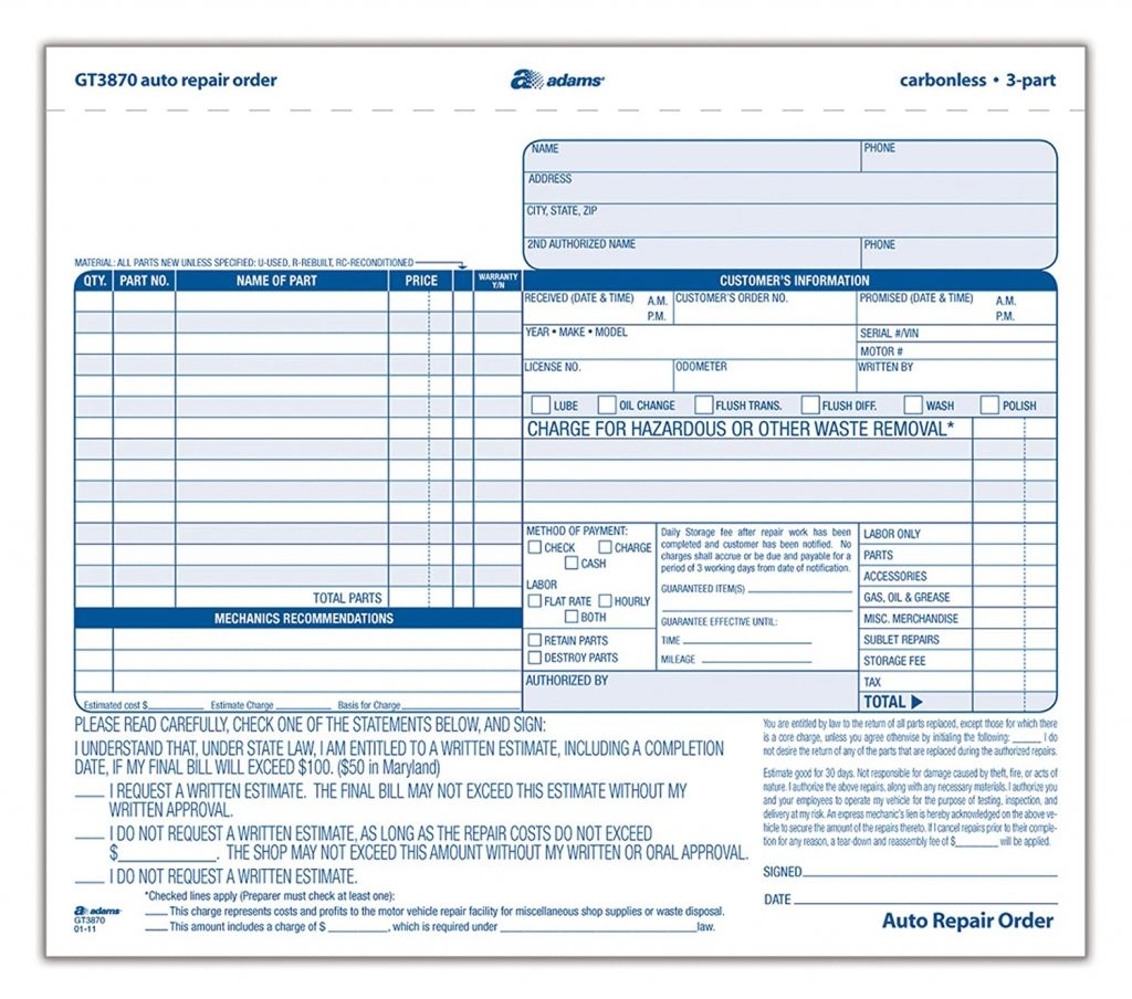 Free Printable Auto Repair Order Forms Printable Form 2023