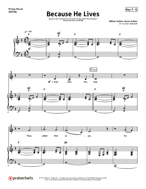 Free Printable Because He Lives Sheet Music