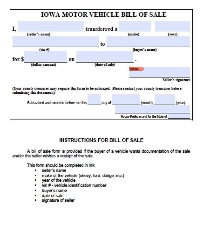 Free Printable Bill Of Sale For Car Iowa