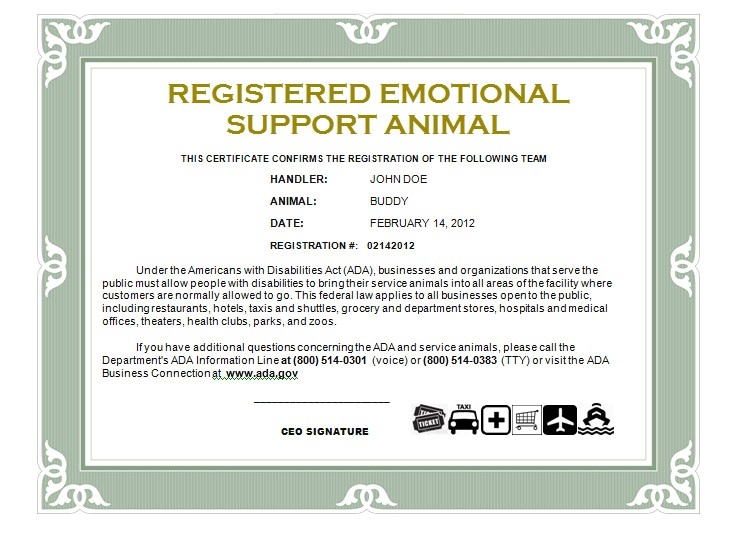 Free Printable Blank Emotional Support Animal Certificate