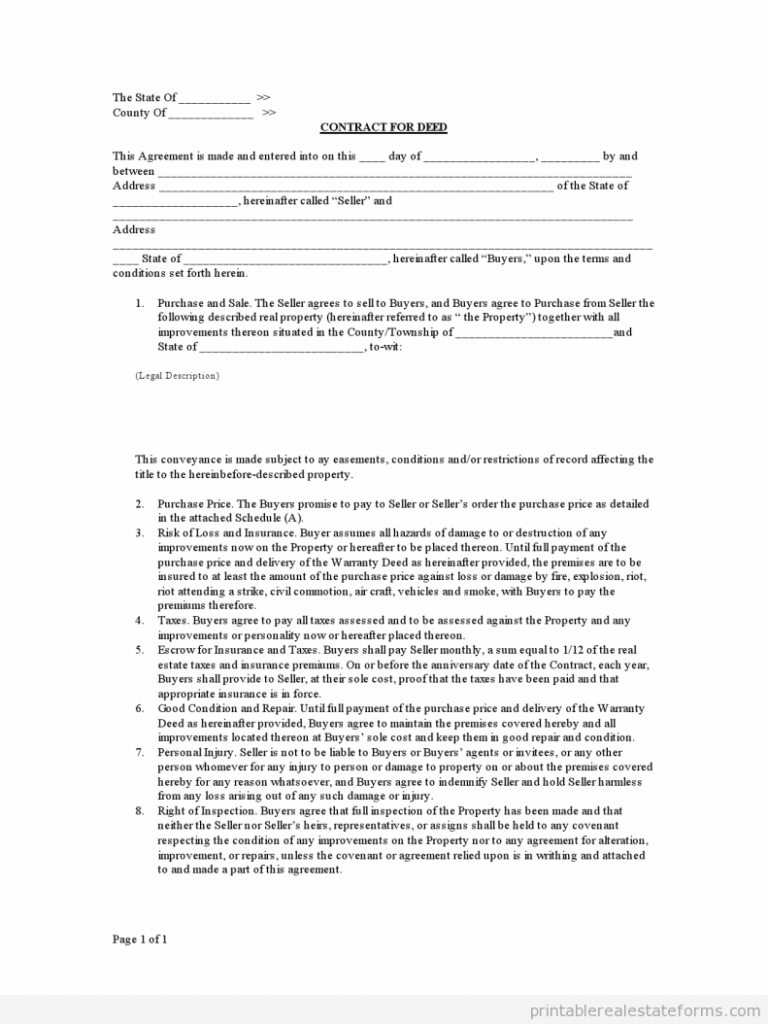 Free Printable Contract For Deed Form BASIC TEMPLATES In 2020 With 