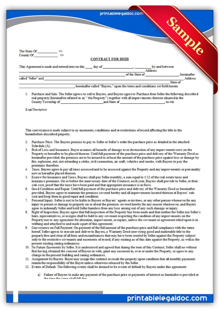 Free Printable Contract For Deed Forms Template 