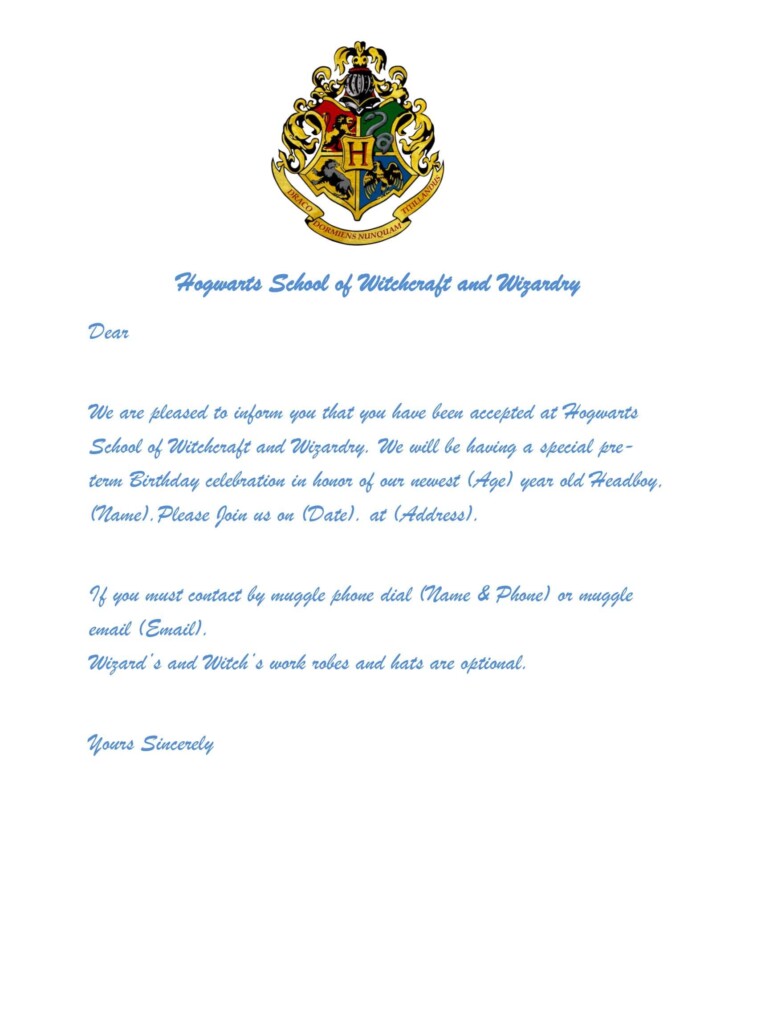 Free Printable Harry Potter Hogwarts Acceptance Letter Templates PDF 