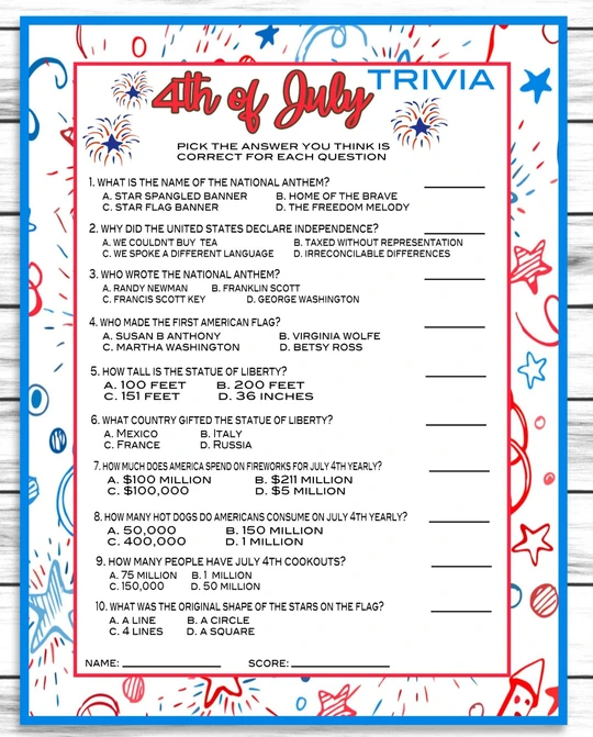 Free Printable July 4th Trivia Games