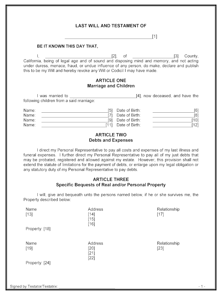 Free Printable Last Will And Testament Forms California Printable 
