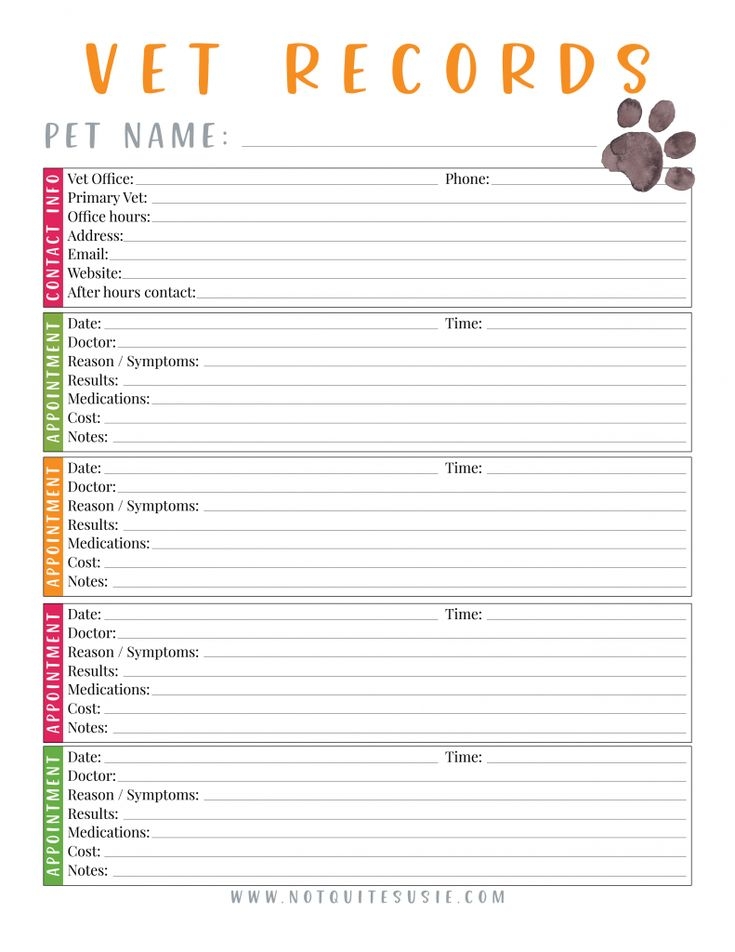 Free Printable Pet Health Record Printable Sight Words List
