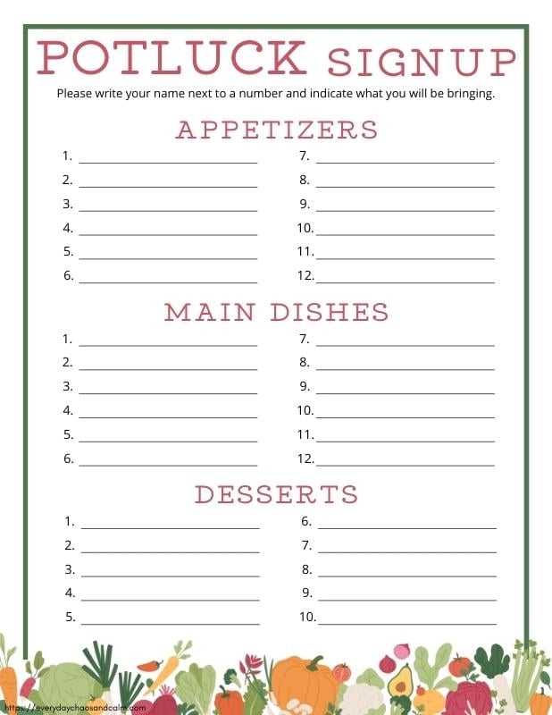 Free Printable Potluck Sign Up Sheets