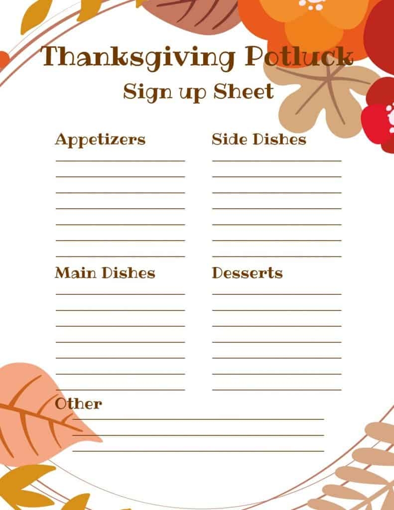 Free Printable Thanksgiving Potluck Sign Up Sheet