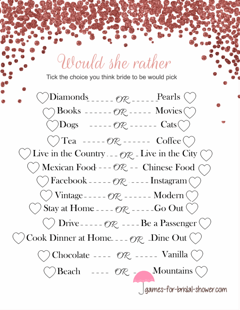Free Printable Would She Rather Bridal Shower Game