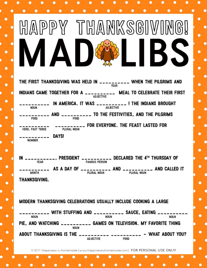 Free Thanksgiving Mad Libs Printables Printable Templates Protal
