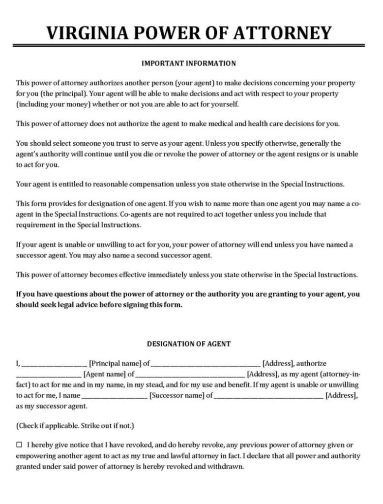 Free Virginia Power Of Attorney Forms 10 Types PDF Word