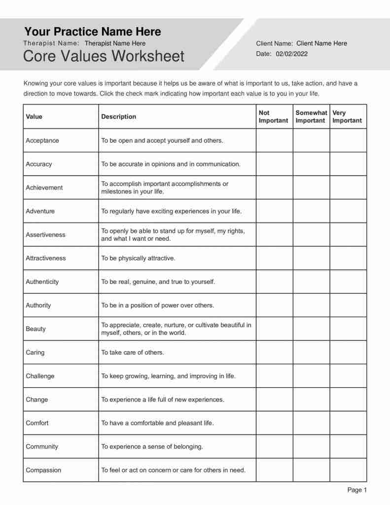 Identifying Core Values Worksheet Editable Fillable Printable PDF 