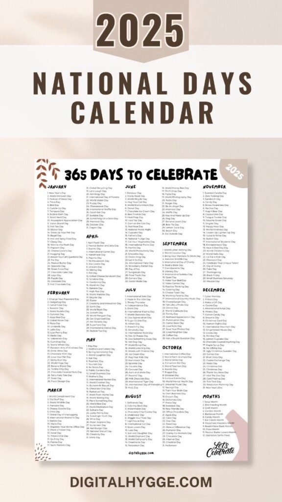 National Days And Holidays 2025 Printable PDF National Day Calendar 