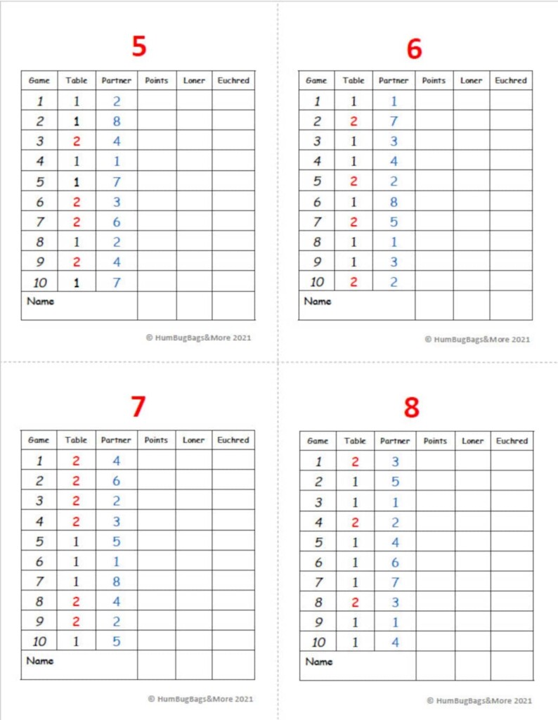 Printable 2 Table Euchre Score Cards Printable Word Searches