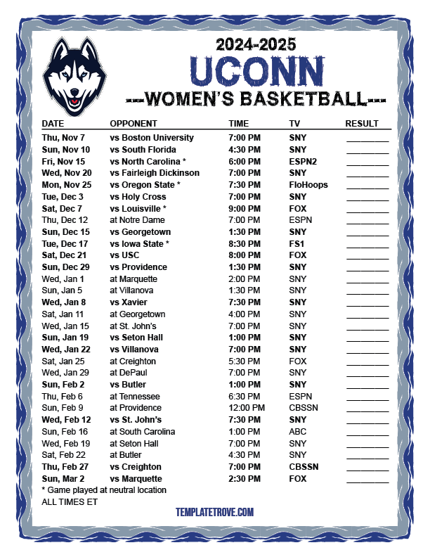 Printable 2024 2025 UConn Huskies Women 39 s Basketball Schedule