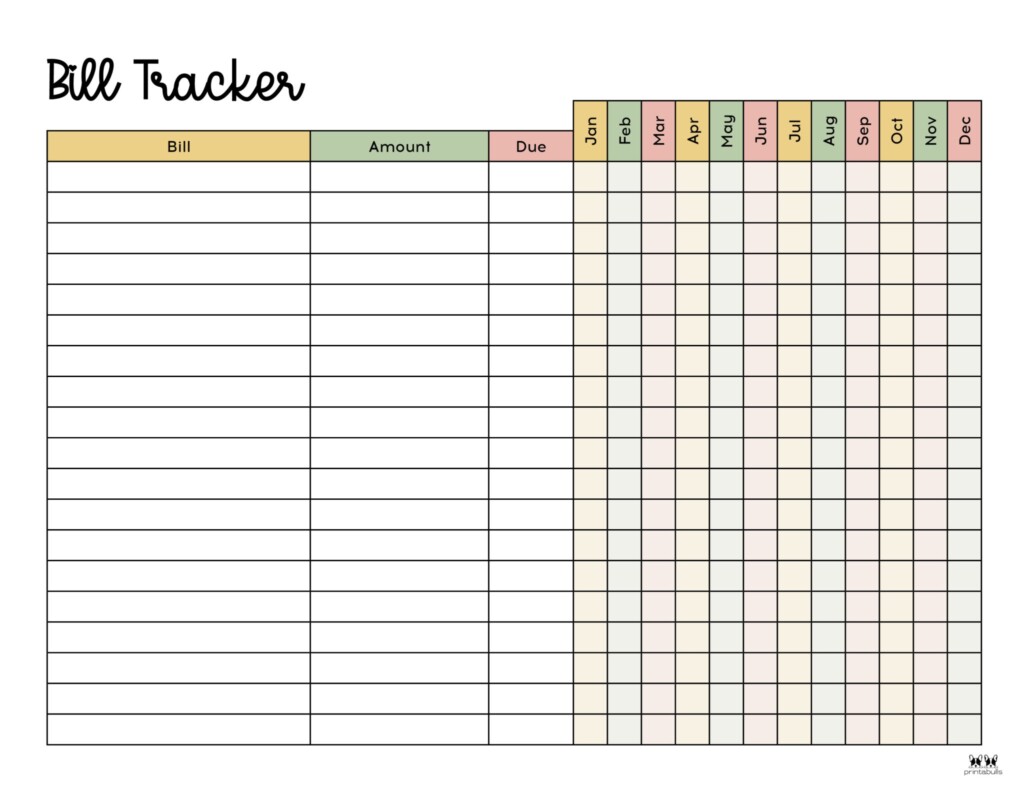 Printable Bill Tracker Template